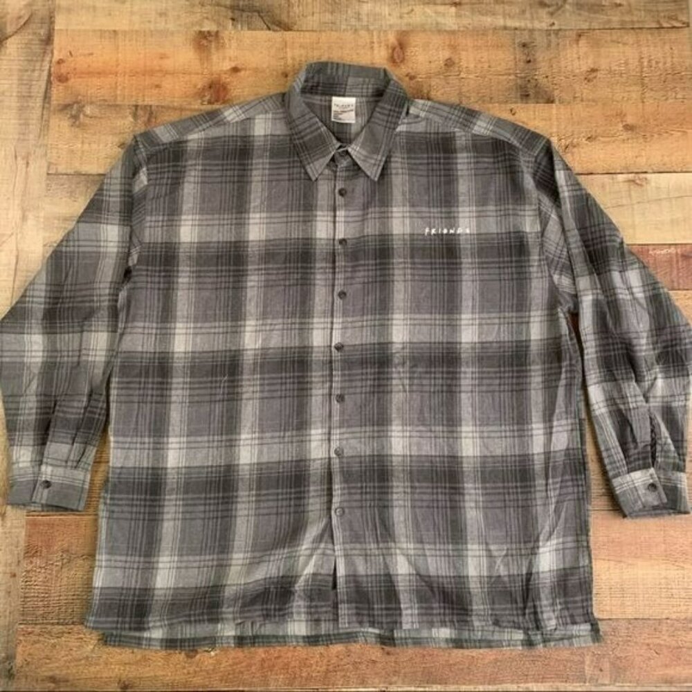 Friends mens size 3xl gray white long sleeve full button down graphic shirt